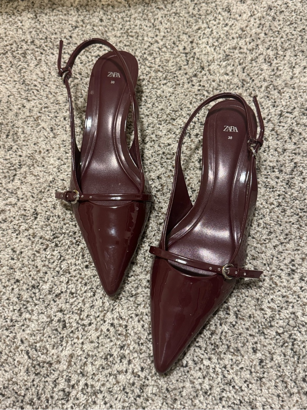 Zara Burgundy Patent Pointed Slingback Mules